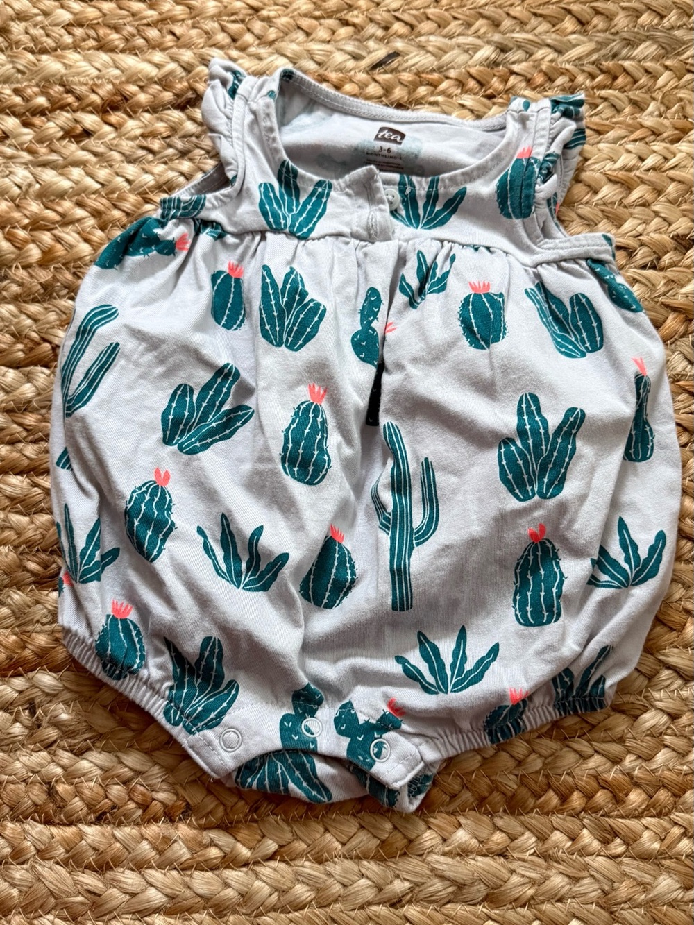 Tea Collection Teal Cactus Print Bubble Romper with Coral Accents